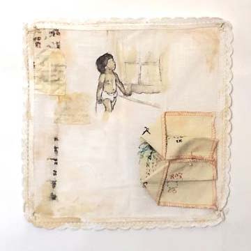 Jaqueline Martinez, Remnants, Series, handkerchiefs, fabric scraps, embroidery thread, pastels, tea bags, ink, tea and coffee, 10 in x 10 in each, 2019 - Best Painting.